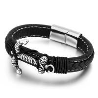 Partículas de acero Pulsera, con Cuero, Ancla, Recubrimiento iónico al vacío, pulsera trenzada & para hombre, Negro, 210mm, Vendido por UD