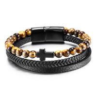 Titanium Steel Bracelet, with Natural Stone & Leather, stoving varnish, multilayer & braided bracelet & for man 210mm 