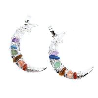 Gemstone Zinc Alloy Pendants, with Gemstone, Moon, silver color plated, Unisex, mixed colors 