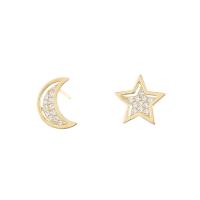 Pendientes asimétricos, plata de ley 925, Luna y estrella, 18K chapado en oro, micro arcilla de zirconia cúbica & para mujer, 7x10.5mm, Vendido por Par