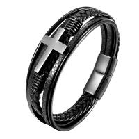 Partículas de acero Pulsera, con Cuero de PU, pulido, multicapa & pulsera trenzada & longitud diferente para la opción & para hombre, Negro, Vendido por UD