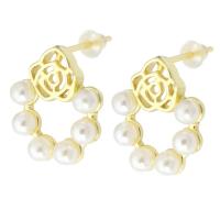 Brass Stud Earring, real gold plated, for woman & with plastic pearl, gold 