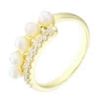 Cubic Zirconia Micro Pave Brass Finger Ring, real gold plated, Adjustable & micro pave cubic zirconia & for woman & with plastic pearl, gold, US Ring 