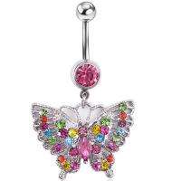 Anneau de ventre en acier inoxydable, alliage de zinc, avec acier inoxydable 316L, papillon, avec strass, rose, 50mm, Vendu par PC