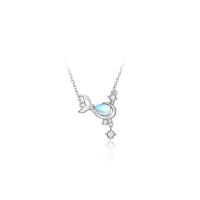 Cúbicos circón Micro pavimenta collar de plata Esterlinas, plata de ley 925, con Piedra lunar, con 1.96 inch extender cadena, allena, chapado en color de platina, micro arcilla de zirconia cúbica & para mujer, longitud:aproximado 15.75 Inch, Vendido por UD