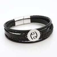 Cuero de PU Pulsera, con acero inoxidable 316L, 12 Signos del Zodíaco, pulido, Diferente forma para la elección & Joyería & para hombre, Negro, longitud:21.5 cm, Vendido por UD