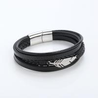 Cuero de PU Pulsera, con acero inoxidable 316L, Pluma, pulido, Joyería & multicapa & para hombre, Negro, longitud:21.5 cm, Vendido por UD