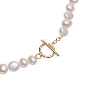 Freshwater Pearl Brass Necklace, with Brass, gold color plated, for woman, white, 7-8mm .93 Inch 