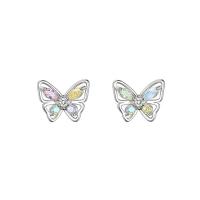 Silver Earring Zircon pavent Sterling, Argent sterling 925, papillon, Placage de couleur argentée, pavé de micro zircon & pour femme, argent Vendu par paire