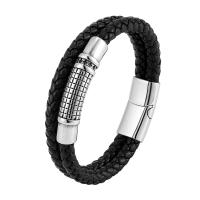 316L Stainless Steel Bracelet, with PU Leather, polished & for man, black Approx 8.26 Inch 