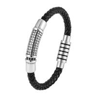 acero inoxidable 316L Pulsera, con Cuero de PU, pulido, diferentes estilos para la opción & para hombre, Negro, longitud:aproximado 8.26 Inch, Vendido por UD