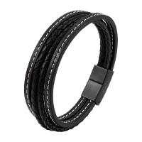 acero inoxidable 316L Pulsera, con Cuero de PU, Recubrimiento iónico al vacío, multicapa & para hombre, Negro, longitud:aproximado 8.26 Inch, Vendido por UD