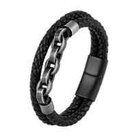 acero inoxidable 316L Pulsera, con Cuero de PU, Recubrimiento iónico al vacío, diferentes estilos para la opción & para hombre, Negro, longitud:aproximado 8.26 Inch, Vendido por UD