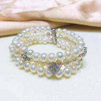 Kultivierten Süßwasser Perle Messing Armband, Natürliche kultivierte Süßwasserperlen, mit Messing, rund, silberfarben plattiert, mehrschichtig & für Frau & mit Strass, weiß, 6-7mm, Länge:7.1 ZollInch, verkauft von PC