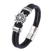 Cuero Pulsera, con acero inoxidable 316, Buque de Ruedas, pulido, Doble capa & Joyería & longitud diferente para la opción & para hombre, más colores para la opción, 12mm, Vendido por UD