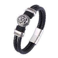 Cuero Pulsera, con acero inoxidable 316, Buque de Ruedas, pulido, Doble capa & Joyería & longitud diferente para la opción & para hombre & ennegrezca, más colores para la opción, 12mm, Vendido por UD