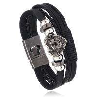 PU Leather Cord Bracelets, Zinc Alloy, with PU Leather & Cowhide & Wax Cord & Copper Coated Plastic, fashion jewelry & multilayer & punk style & Unisex, black, 20mm Approx 8.46 Inch 