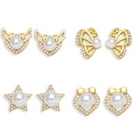 Cubic Zirconia Micro Pave Brass Earring, with Plastic Pearl, 18K gold plated & micro pave cubic zirconia & for woman, golden 