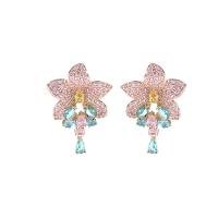 Cubic Zirconia Micro Pave Brass Earring, Flower, gold color plated, fashion jewelry & micro pave cubic zirconia & for woman 