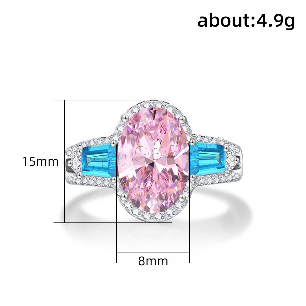 Anneau de cuivre de Zircon, laiton, ovale, Plaqué de platine, normes différentes pour le choix & pour femme & avec zircone cubique, plus de couleurs à choisir, 8x5mm, Taille:6-10, Vendu par PC