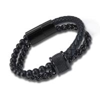 acero inoxidable 304 Pulsera, con Cuero de PU, Recubrimiento iónico al vacío, Doble capa & para hombre, Negro, longitud:aproximado 8.07 Inch, Vendido por UD