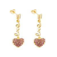 Cubic Zirconia Micro Pave Brass Earring, Heart, gold color plated, micro pave cubic zirconia & for woman 