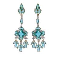 Moda flecos pendientes, metal, chapado en color dorado, Joyería & micro arcilla de zirconia cúbica & para mujer, ácido azul, 14x50mm, Vendido por Par