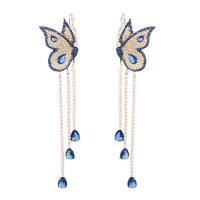 Moda flecos pendientes, metal, Mariposa, chapado en color dorado, Joyería & micro arcilla de zirconia cúbica & para mujer, azul oscuro, 20x95mm, Vendido por Par