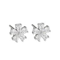 Silver Earring Zircon pavent Sterling, Argent sterling 925, fleur, Placage de couleur argentée, pavé de micro zircon & pour femme, argent, 6mm, Vendu par paire