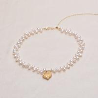 Freshwater Pearl Brass Necklace, with Brass, Heart, gold color plated, for woman, white, 160mm .93 Inch 