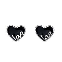 Arete de plata esterlina, Plata de ley 925, Corazón, chapado en platina real, para mujer & esmalte, Negro, 8mm, Vendido por Par