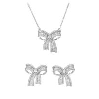 Cubic Zirconia Micro Pave Brass Jewelry Sets, Stud Earring & necklace, with 5cm extender chain, Bowknot, real gold plated, fashion jewelry & micro pave cubic zirconia & for woman, silver color, 20mm cm 