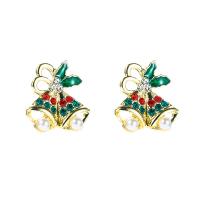 Pendientes de Navidad, aleación de zinc, con Perlas plásticas, Cascabel, chapado en color dorado, Diseño de Navidad & para mujer & esmalte & con diamantes de imitación, 22x25mm, Vendido por Par