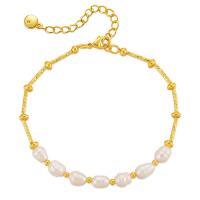 Kultivierten Süßwasser Perle Messing Armband, mit Natürliche kultivierte Süßwasserperlen, mit Verlängerungskettchen von 2.36inch, 18K vergoldet, Modeschmuck & für Frau, goldfarben, Länge:ca. 6.69 ZollInch, verkauft von PC