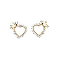 Cubic Zirconia Micro Pave Brass Earring, Heart, gold color plated, micro pave cubic zirconia & hollow 