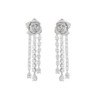 Moda flecos pendientes, metal, Flor, chapado en oro real, Joyería & micro arcilla de zirconia cúbica & para mujer, plateado, 17x70mm, Vendido por Par