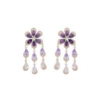 Moda flecos pendientes, metal, Flor, chapado en oro real, Joyería & micro arcilla de zirconia cúbica & para mujer, más colores para la opción, 30x60mm, Vendido por Par