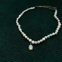 Freshwater Pearl Brass Necklace, with Moonstone & Brass, real gold plated, Korean style & for woman Approx 16 Inch 