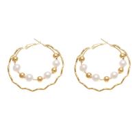 Boucle d'oreille en alliage de zinc en plastique perle, avec perle de plastique, Motif géométrique, Placage de couleur d'or, bijoux de mode & pour femme Vendu par paire