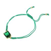 Cubic Zirconia Brass Bracelets, with Polyester Cord, gold color plated, Adjustable & dyed & for woman & with cubic zirconia, green Approx 9 Inch 