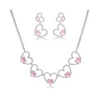 Cubic Zirconia Micro Pave Brass Jewelry Sets, earring & necklace, with 5cm extender chain, Heart, real gold plated, fashion jewelry & micro pave cubic zirconia & for woman, pink cm 