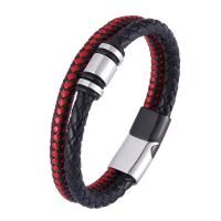 Leather Bracelet, with 316 Stainless Steel, Vacuum Ion Plating, Double Layer & fashion jewelry & for man, black and red, 12mm 