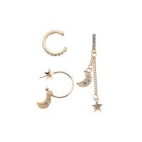 alliage de zinc Boucles d'oreilles, Lune et Etoile, Placage de couleur d'or, trois pièces & pour femme & avec strass   Vendu par fixé