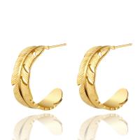 Boucles d'oreilles en acier titane, forme de plume, Plaqué d'or 14K, bijoux de mode & pour femme, doré, 25mm, Vendu par paire