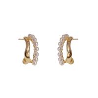 Brass Stud Earring, with Plastic Pearl, Letter C, 14K gold plated, fashion jewelry & for woman, golden 