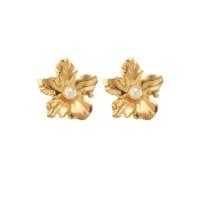 Boucle d'oreille en alliage de zinc en plastique perle, avec perle de plastique, fleur, Placage de couleur d'or, Style coréen & pour femme Vendu par paire