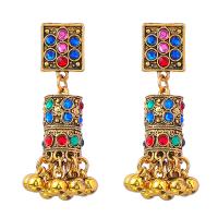 Moda flecos pendientes, aleación de zinc, con plástico recubierto de cobre, Patrón Geométrico, chapado en color dorado, Estilo bohemio & para mujer & con diamantes de imitación, 47x64mm, Vendido por Par