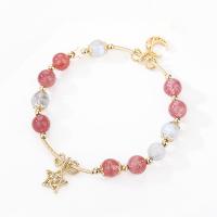 Bracelets quartz, Moonstone, avec Strawberry Quartz & alliage de zinc, Placage de couleur d'or, styles différents pour le choix & pour femme, deux couleurs différentes Environ 6.1 pouce, Vendu par PC