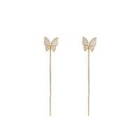 Brass Thread Through Earrings, Butterfly, gold color plated, fashion jewelry & micro pave cubic zirconia & for woman, golden 