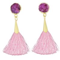 Moda flecos pendientes, Ágata de cuarzo de hielo, con Hilo de algodón & aleación de zinc, chapado en color dorado, estilo druzy & para mujer, más colores para la opción, 70-75mm, Vendido por Par